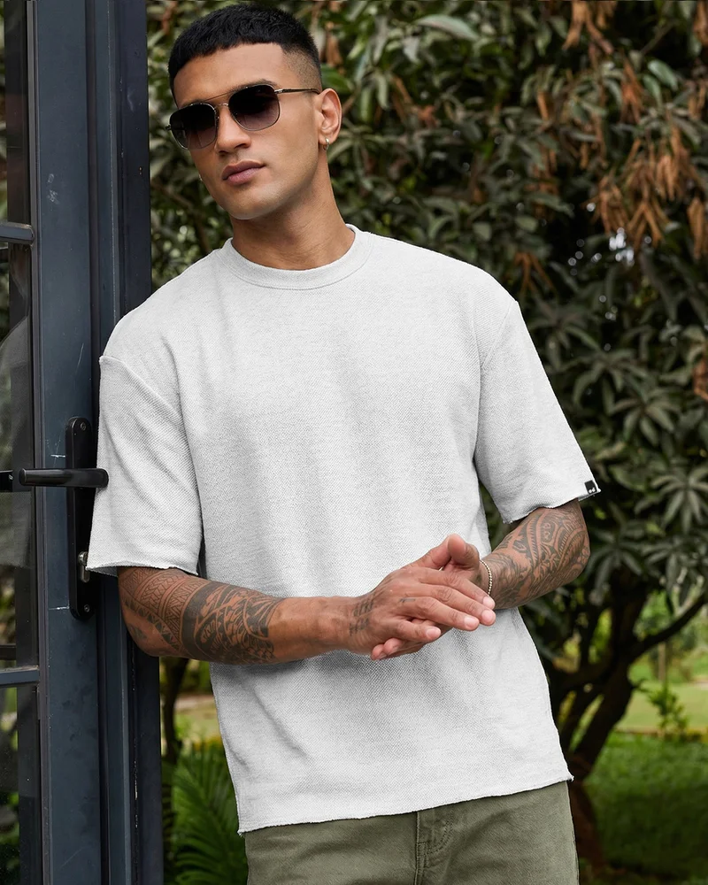 bewakoof Men's Light Grey Textured Oversized T-shirt